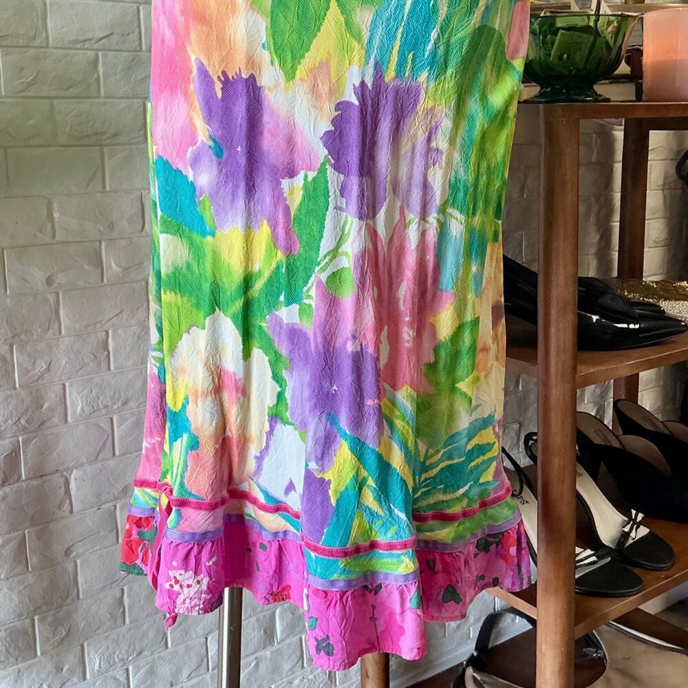 Vintage Jams World Tropical Orchid Floral Midi Sun Dress + Ribbon Hem Detail - Picture 10 of 12